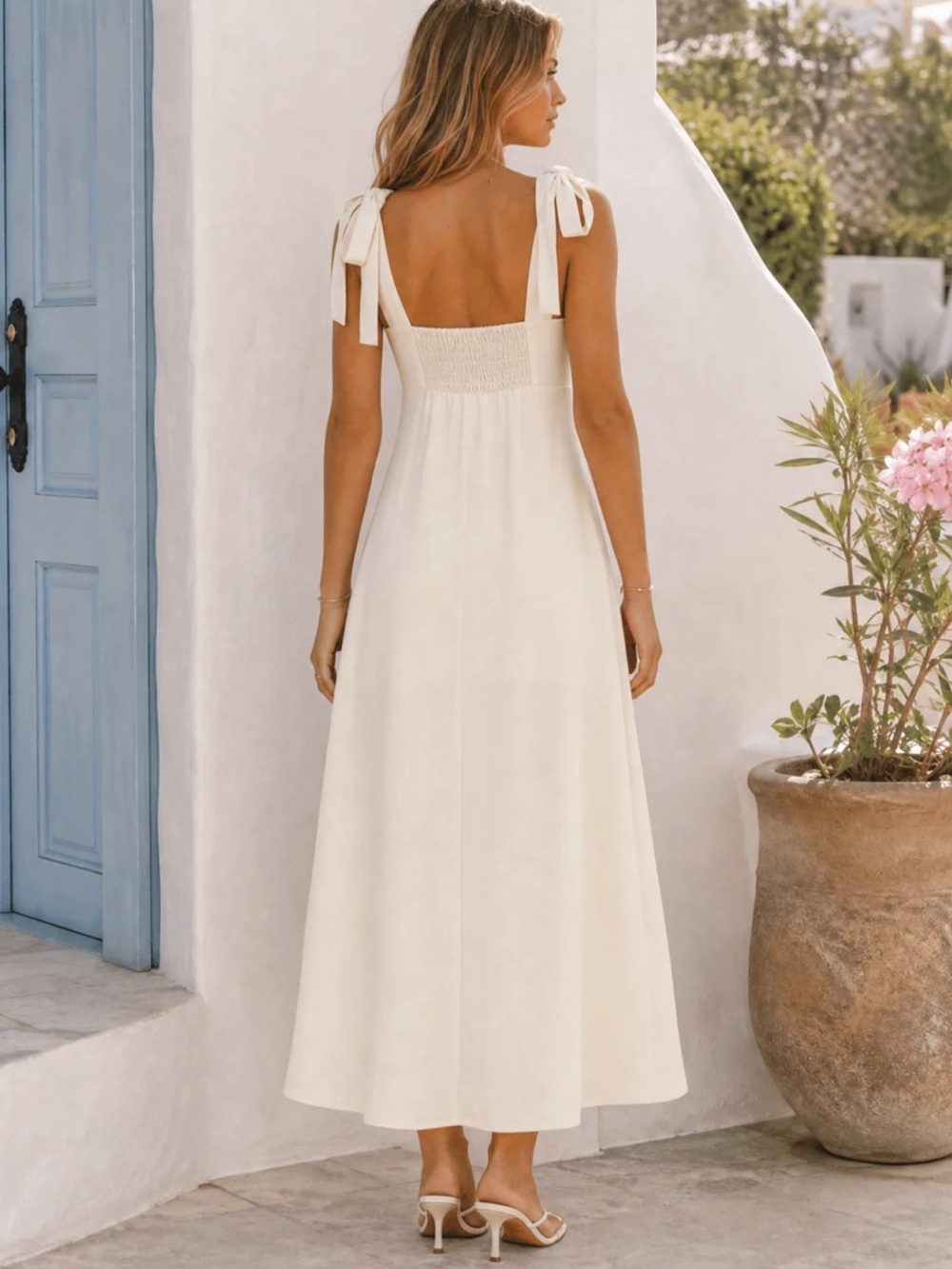 White Maxi Dress with Blue Floral Embroidery - Picture 3 of 6